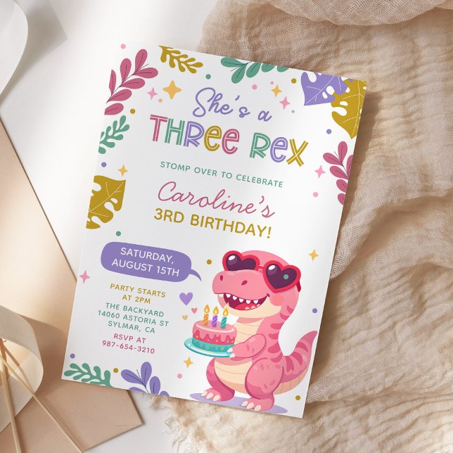 Invitación Cumpleaños de niña con dinosaurio rosa tres Rex (Subido por el creador)
