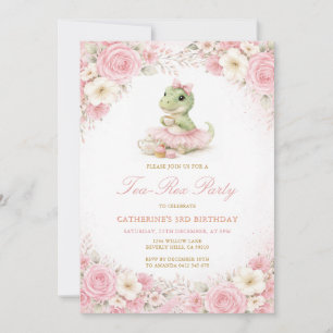 Invitación Cumpleaños de niña con dinosaurio tutú rosa Tea-Re