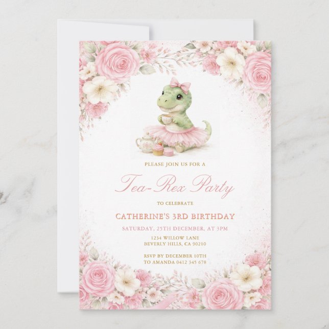 Invitación Cumpleaños de niña con dinosaurio tutú rosa Tea-Re (Anverso)