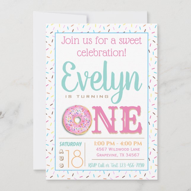 Invitación Cumpleaños de niña con donas por primera vez (Anverso)