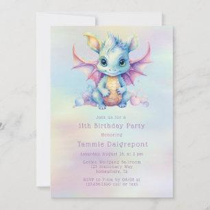 Invitación Cumpleaños de niña con dragón lindo pastel