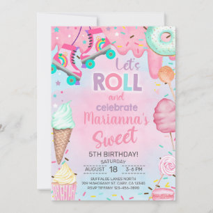 Invitación Cumpleaños de niña con dulces, caramelos y patinaj