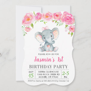 Invitación Cumpleaños de niña con elefante floral rosa