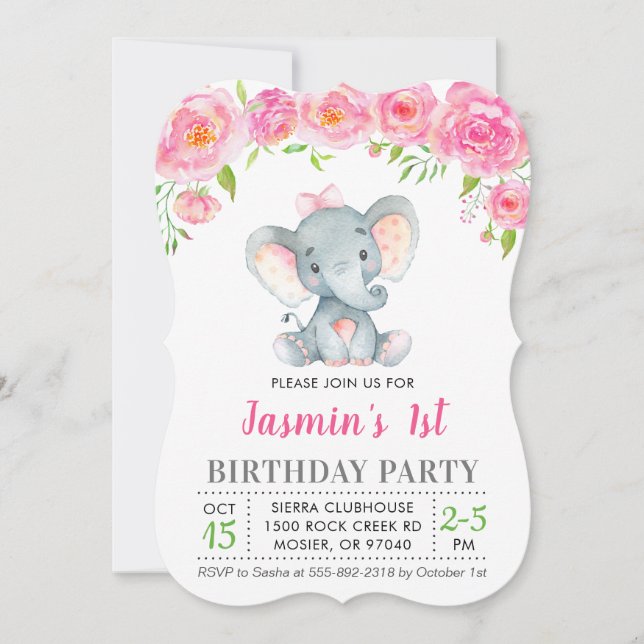 Invitación Cumpleaños de niña con elefante floral rosa (Anverso)