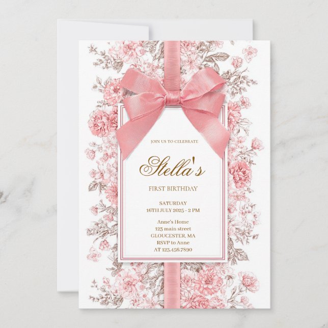 Invitación Cumpleaños de niña con elegante lazo rosa (Anverso)