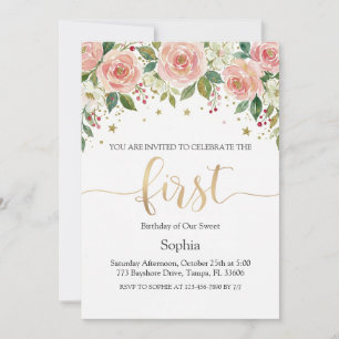 Invitación Cumpleaños de niña con flores de acuarela rosadas