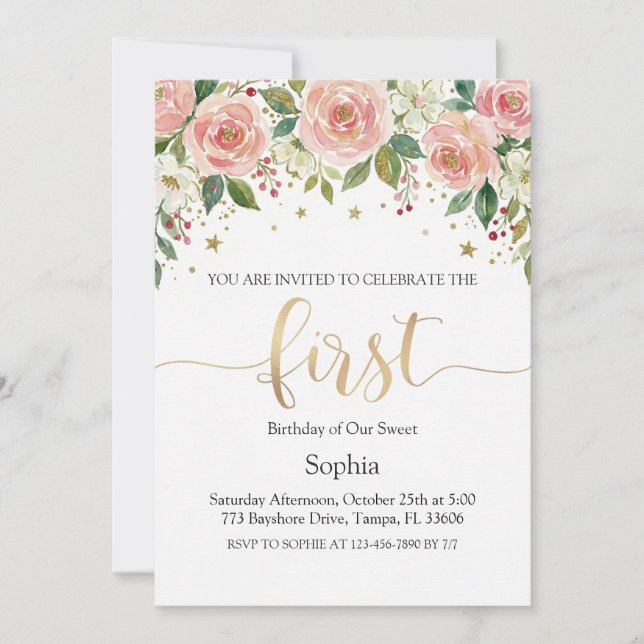 Invitación Cumpleaños de niña con flores de acuarela rosadas (Anverso)