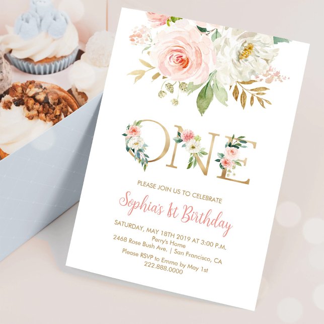 Invitación Cumpleaños de niña con flores rosadas y doradas (Subido por el creador)