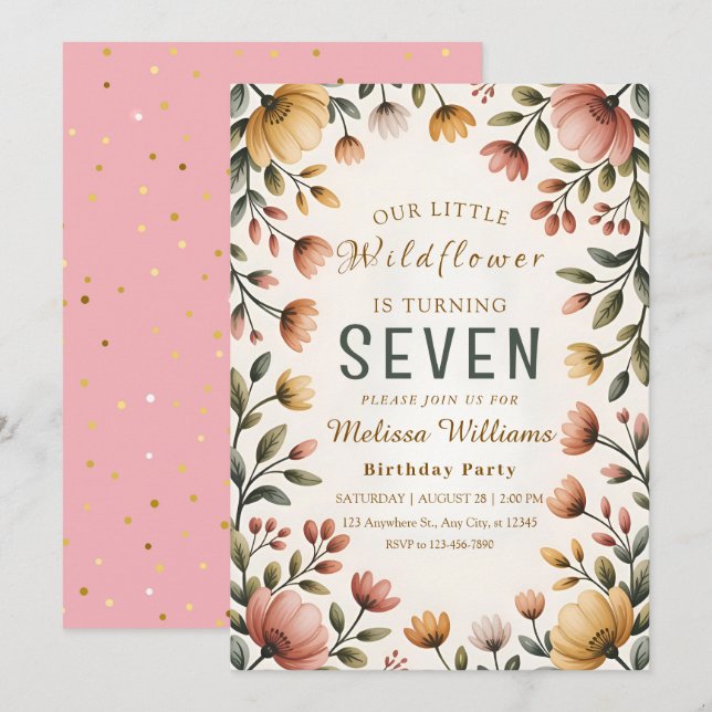 Invitación Cumpleaños de niña con flores silvestres rústicas (Anverso / Reverso)