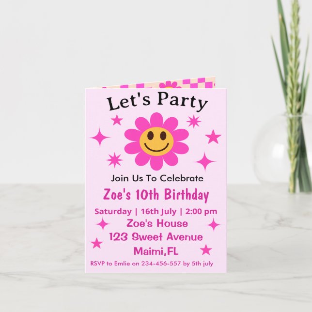 Invitación Cumpleaños de niña con flores sonrientes a cuadros (Anverso)