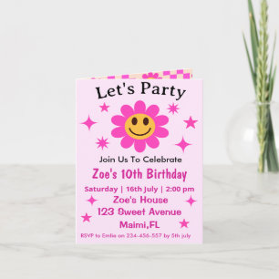 Invitación Cumpleaños de niña con flores sonrientes a cuadros