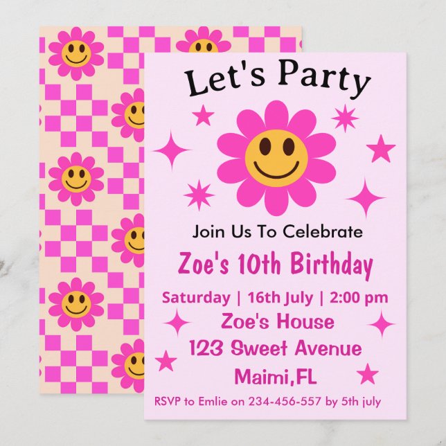 Invitación Cumpleaños de niña con flores sonrientes a cuadros (Anverso / Reverso)