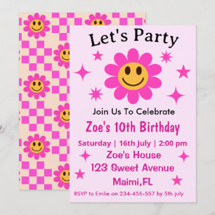 Invitación Cumpleaños de niña con flores sonrientes a cuadros