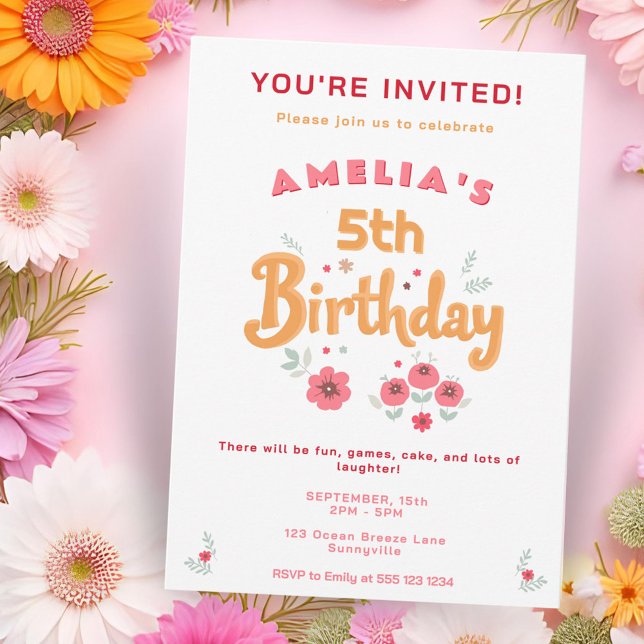 Invitación Cumpleaños de niña con flores y lettering adorable (Subido por el creador)