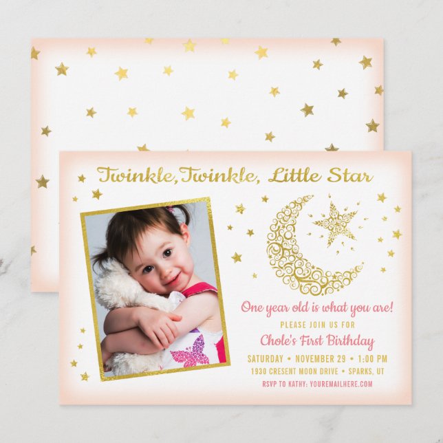 Invitación Cumpleaños de Niña con Foto de Brillo, Brillo, Est (Anverso / Reverso)