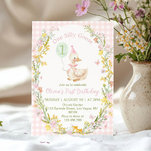 Invitación Cumpleaños de niña con ganso tonto floral rosa