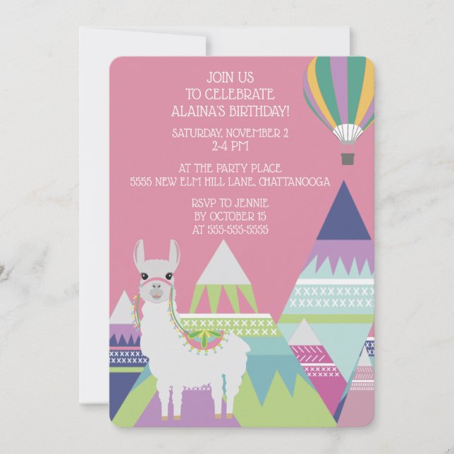 Invitación Cumpleaños de niña con globo de alpaca rosa (Anverso)