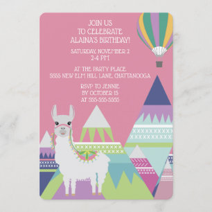 Invitación Cumpleaños de niña con globo de alpaca rosa