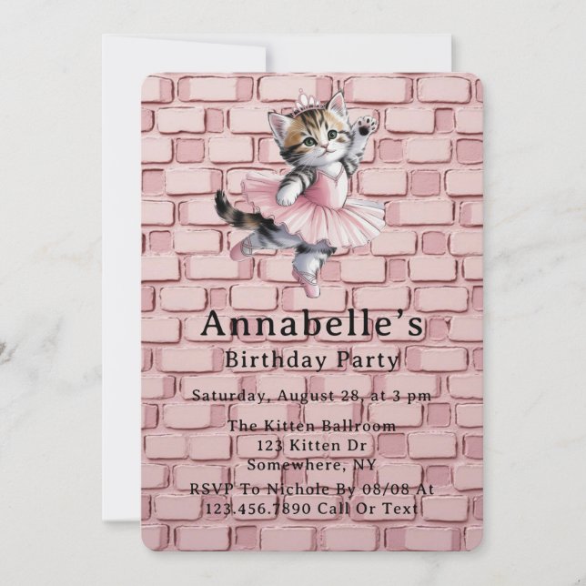 Invitación Cumpleaños de niña con kitten bailarina de acuarel (Anverso)