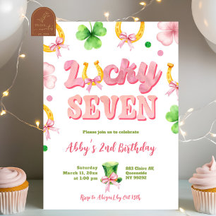 Invitación Cumpleaños de niña con lazo brillante Siete Lucky