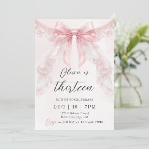 Invitación Cumpleaños de niña con lazo de encaje rosa Coquett