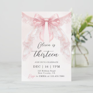 Invitación Cumpleaños de niña con lazo de encaje rosa Coquett