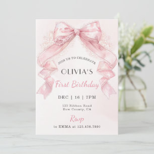 Invitación Cumpleaños de niña con lazo de encaje rosa Coquett