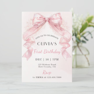 Invitación Cumpleaños de niña con lazo de encaje rosa Coquett