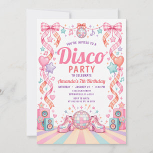 Invitación Cumpleaños de niña con lazo de gingham rosa retro 