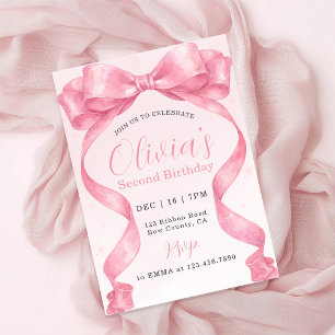 Invitación Cumpleaños de niña con lazo rosa coqueta y acuarel