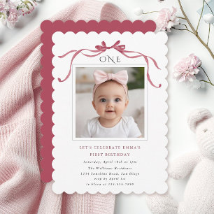 Invitación Cumpleaños de niña con lazo rosa profundo 1er cump