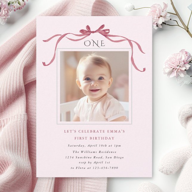 Invitación Cumpleaños de niña con lazo rosa rojo 1er cumpleañ (Subido por el creador)