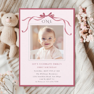Invitación Cumpleaños de niña con lazo rosa rojo 1er cumpleañ