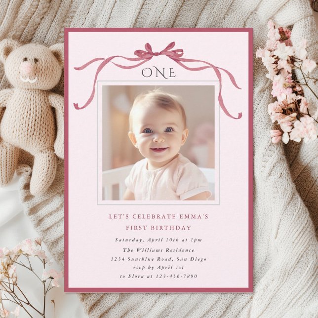 Invitación Cumpleaños de niña con lazo rosa rojo 1er cumpleañ (Subido por el creador)