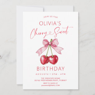Invitación Cumpleaños de niña con lazo rosa y cereza