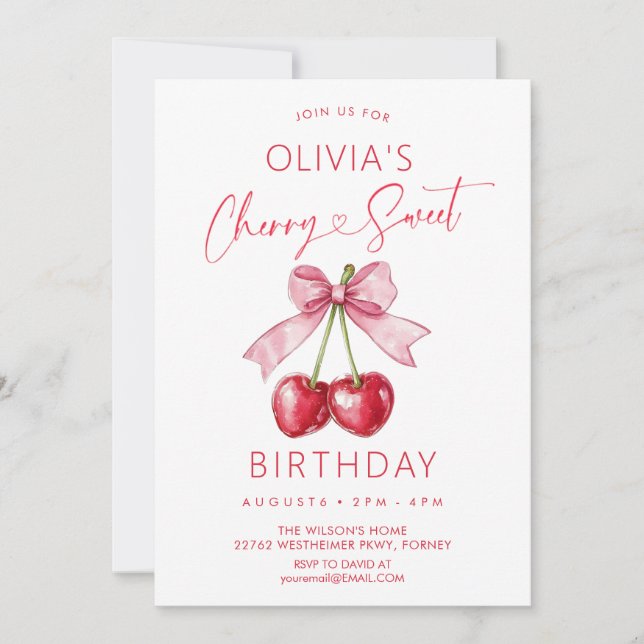 Invitación Cumpleaños de niña con lazo rosa y cereza (Anverso)