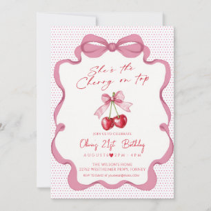 Invitación Cumpleaños de niña con lazo rosa y cinta de cereza