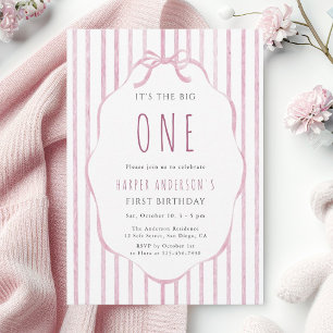 Invitación Cumpleaños de niña con lazo rosa y rayas