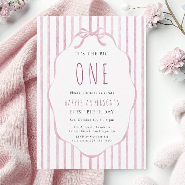 Invitación Cumpleaños de niña con lazo rosa y rayas (Subido por el creador)