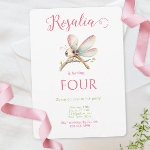 Invitación Cumpleaños de niña con libélula acuarela rosa verd