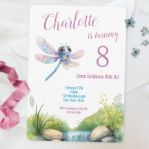 Cumpleaños de niña con libélula adorable en acuare