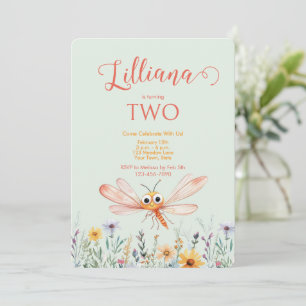 Invitación Cumpleaños de niña con libélula y acuarela de flor