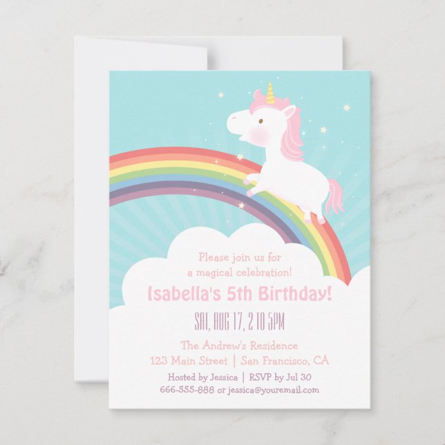 Invitación Cumpleaños de niña con lindo unicornio subiendo el (Anverso)