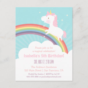 Invitación Cumpleaños de niña con lindo unicornio subiendo el
