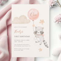 Cumpleaños de niña con mapache lindo volando en gl