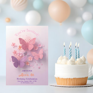 Invitación Cumpleaños de niña con mariposa 3D rosa y púrpura