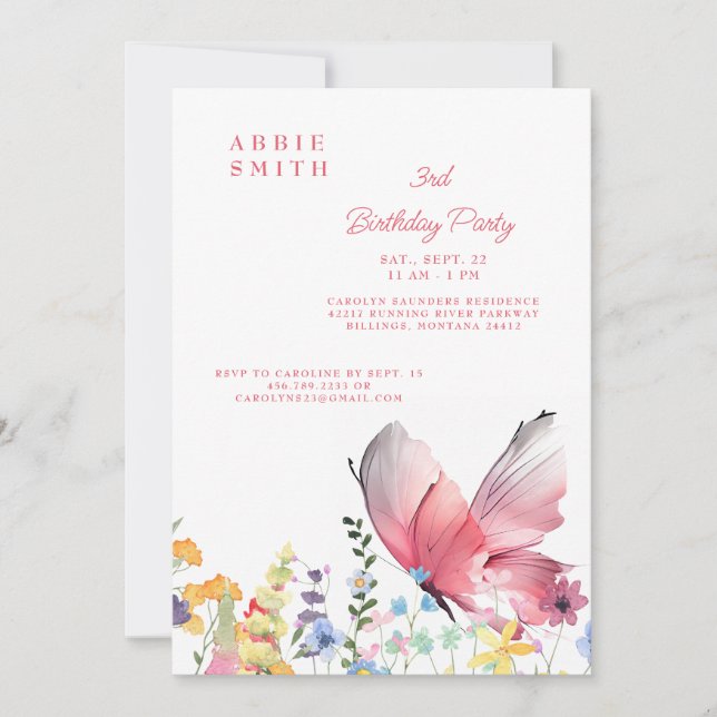 Invitación Cumpleaños de niña con mariposa y flores silvestre (Anverso)
