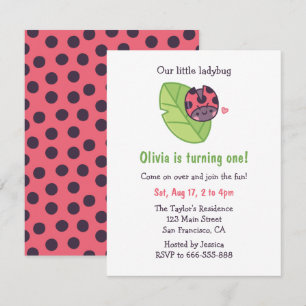 Invitación Cumpleaños de niña con mariquita adorable en hoja 