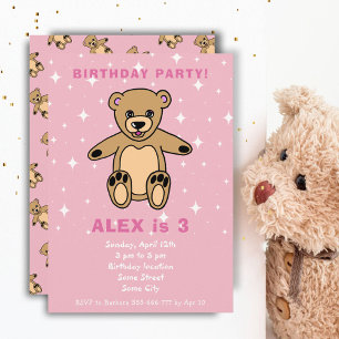 Invitación Cumpleaños de niña con osito de peluche rosa adora