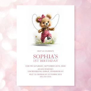 Invitación Cumpleaños de niña con osito de peluche saltando a